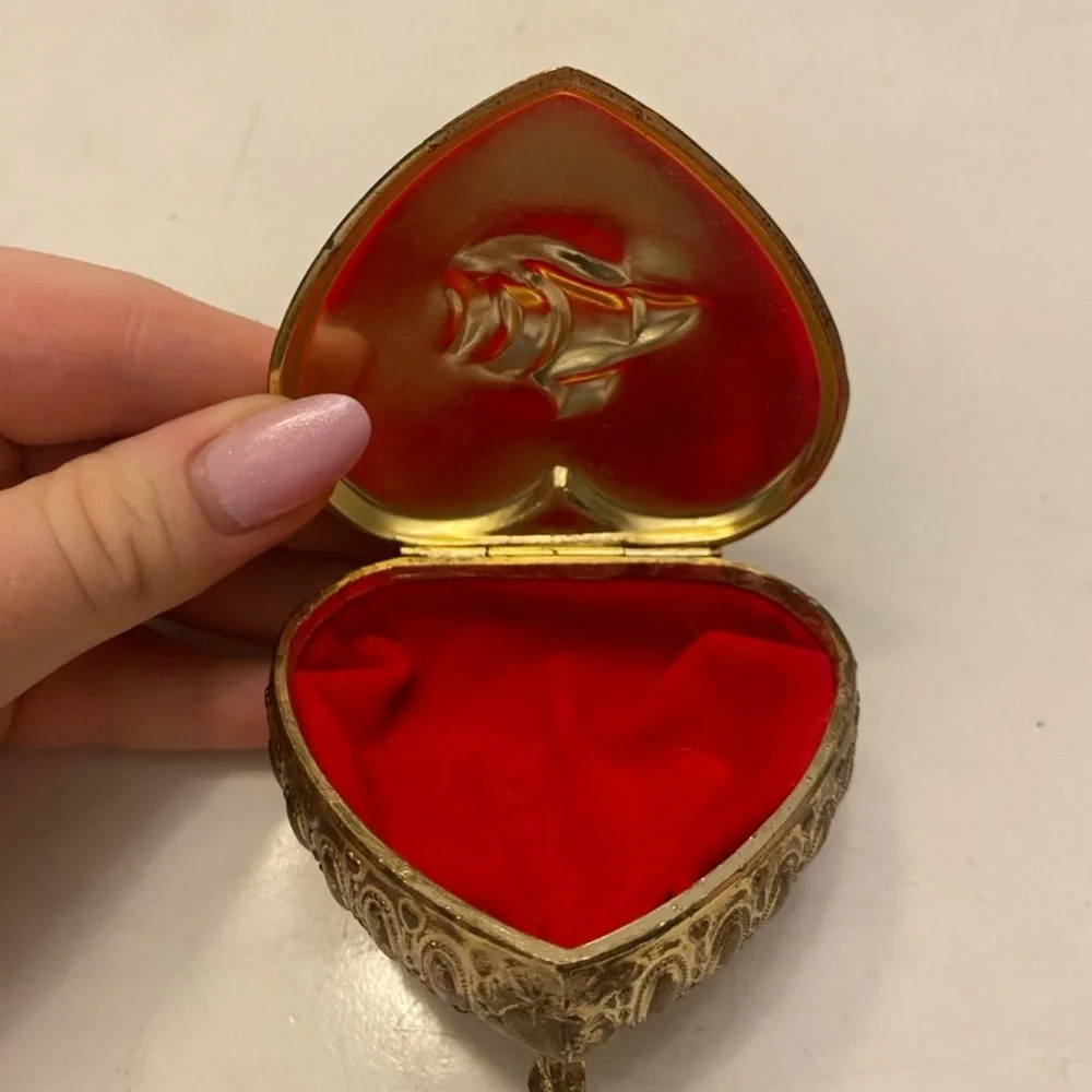Sailing Ship Heart shape Trinket Box  Blue and Silver with Red Lining Vintage